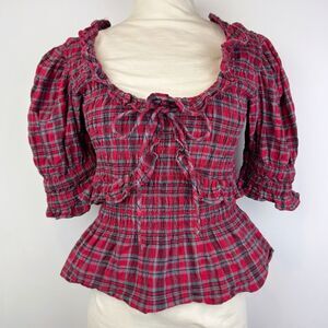 Damson Madder Meghan Puff Sleeve Blouse Tartan Plaid US 10 / UK 14 Anthropologie